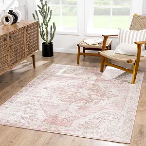 BoutiqueRugs Pink Medallion Traditional 8ft Square Area Rug - Plum and Beige, Non-Shedding, Pet Friendly