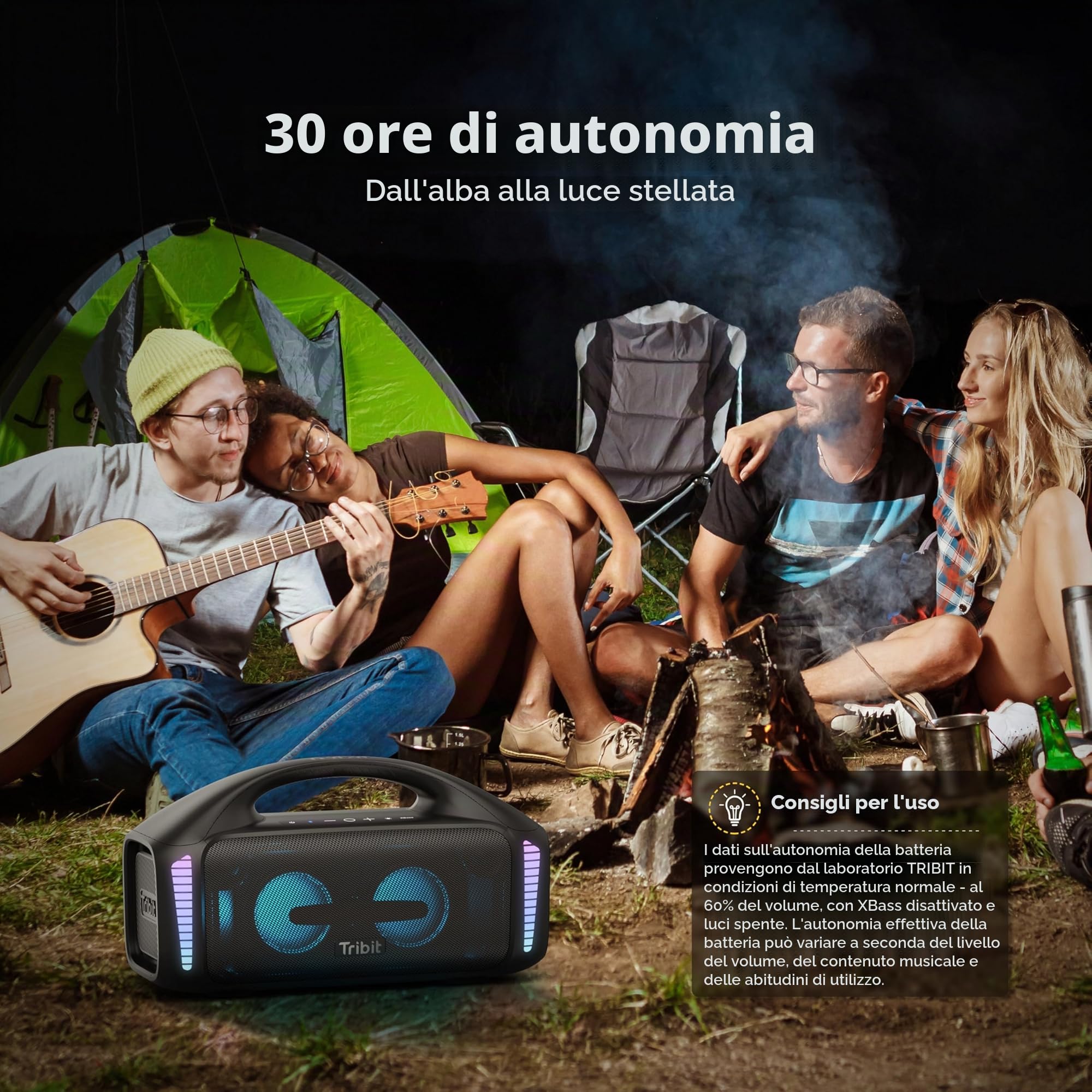 Tribit StormBox Blast Cassa Bluetooth,Altoparlante portatile 90 W suono stereo con luci LED XBass Bluetooth 5.3, IPX7, TWS, EQ personalizzato, 30 ore di riproduzione per feste all'aperto