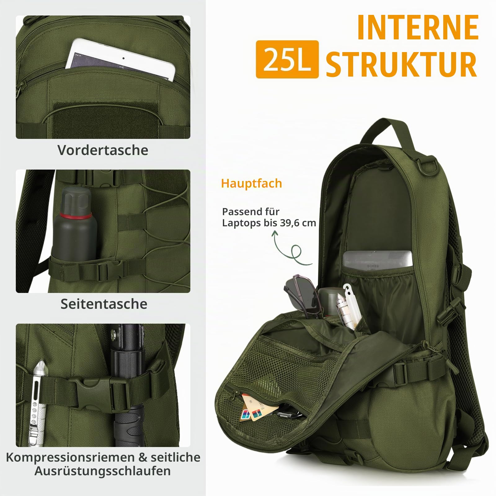 HUNTVP 25L Taktischer Rucksack Militär Rucksack Herren 1000D Nylon Bundeswehr Wanderrucksack MOLLE Tactical Backpack Wasserabweisend für Herren Damen Uni Reise Sport Outdoor Klettern, Grün
