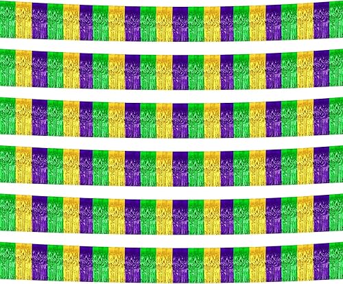 Paquete de 6 guirnaldas de flecos de papel de aluminio de Mardi Gras de 10 pies con serpentinas metálicas de oropel para colgar en la pared, telón