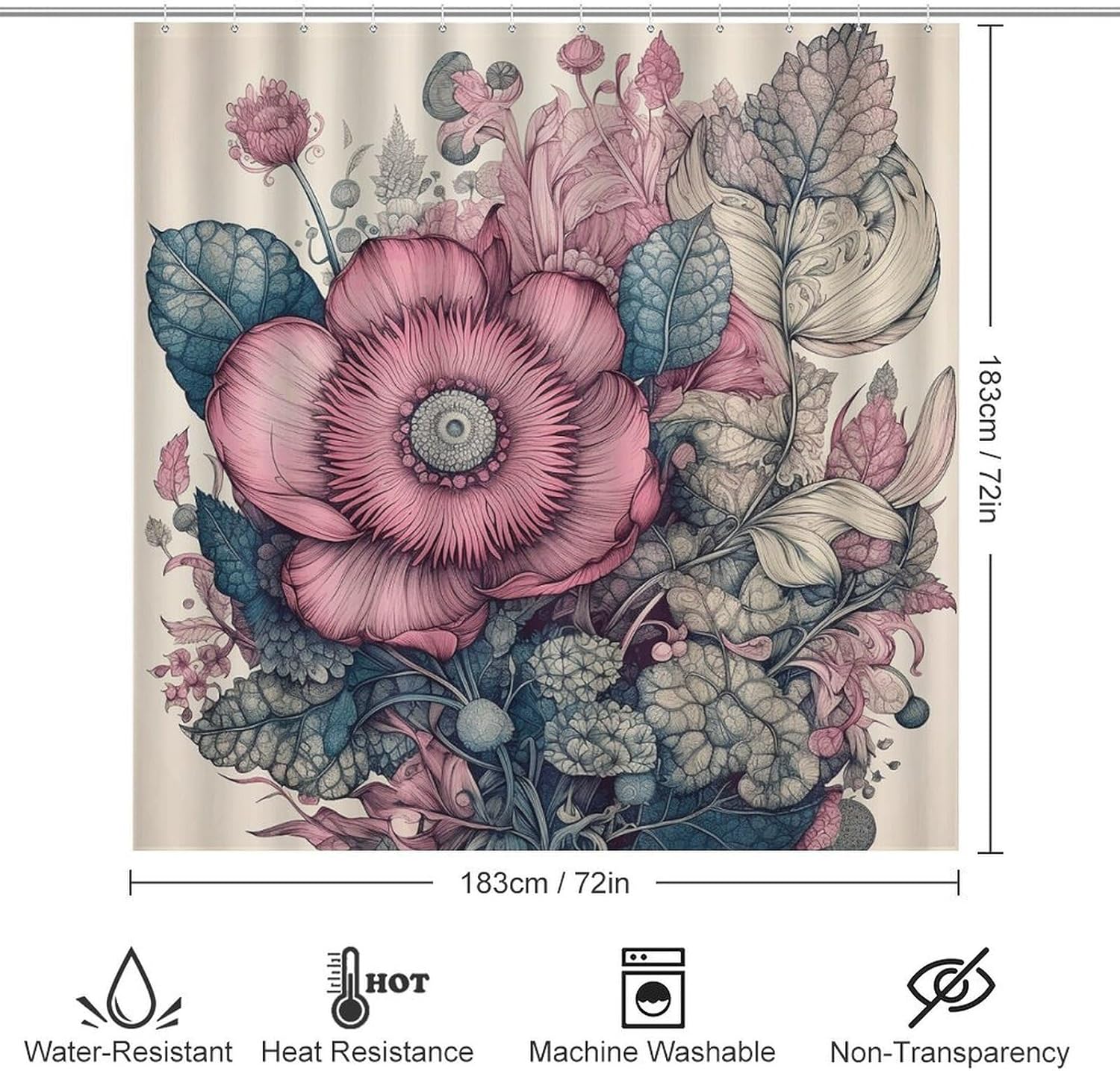 Drawing Beautiful Flower 4Pcs Shower Curtain Set with Non-Slip Rugs, Toilet Lid Cover and Bath Mat,Bathroom Set Decor Accessories,Curtain Set with 12 Hooks, 72 X 72 Inch