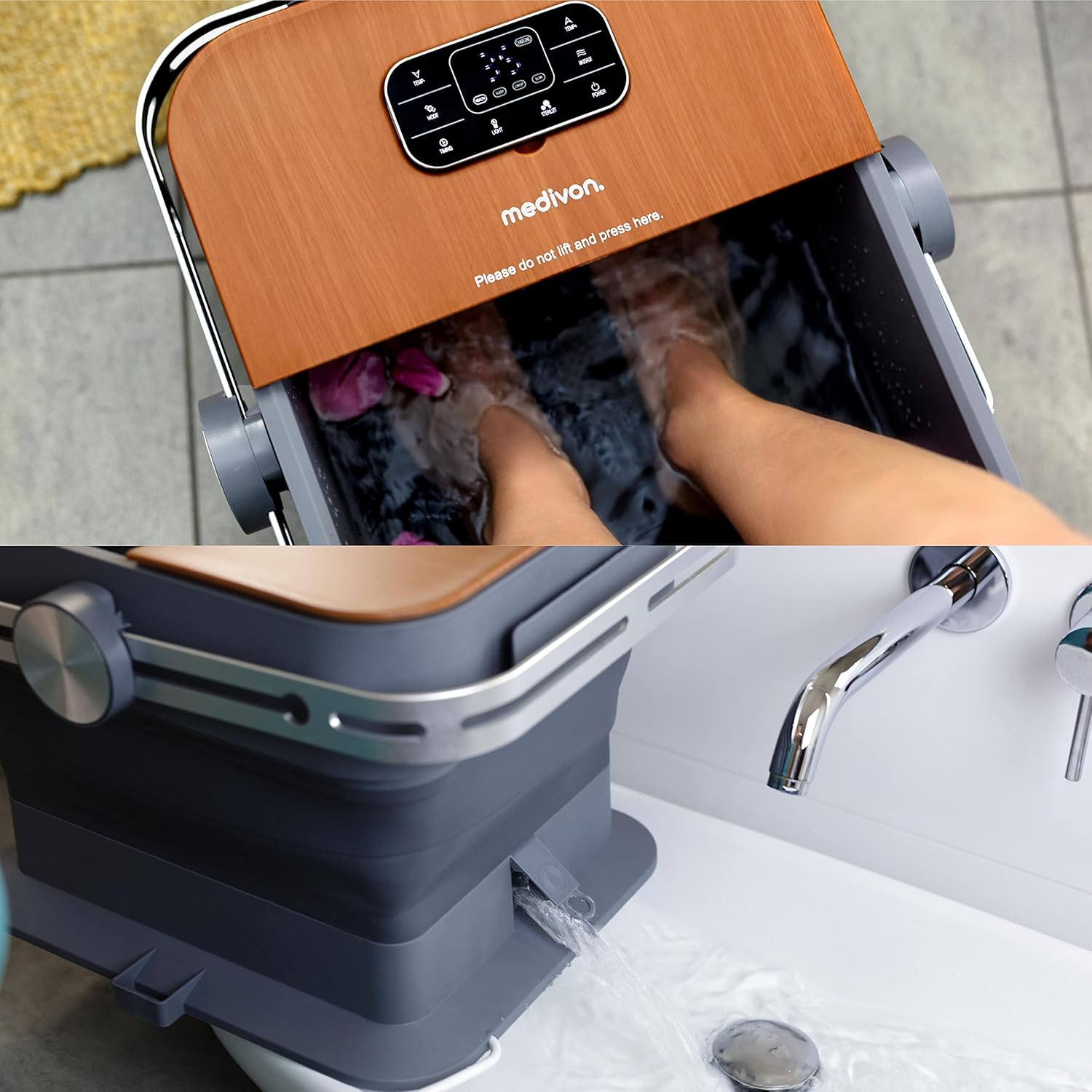 A person's feet in the foot massager, and a separate image showing water being drained from the unit via its spout.