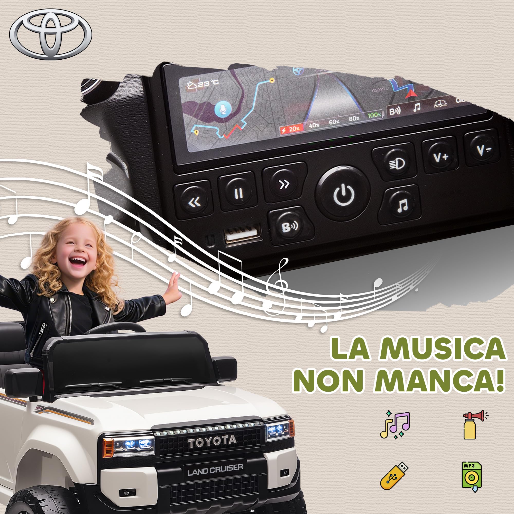 AIYAPLAY TOYOTA Land Cruiser Macchina Elettrica per Bambini 3-8 Anni, 12V 3-5 km/h Auto Elettrica Bambini con 2 Motori, Sospensioni, Telecomando, Cintura 3 Punti, Bluetooth, USB, Musica, Fari, Bianco