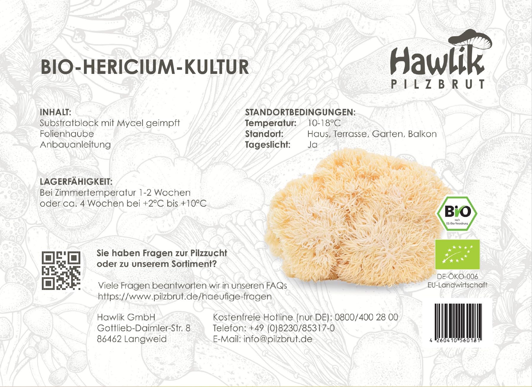 Hawlik Pilzbrut Kit de culture de champignons pour Lion's Mane/Hericium erinaceus - Culture de champignons bio pour une culture facile à la maison - Kit de culture de champignons à épines de hérisson