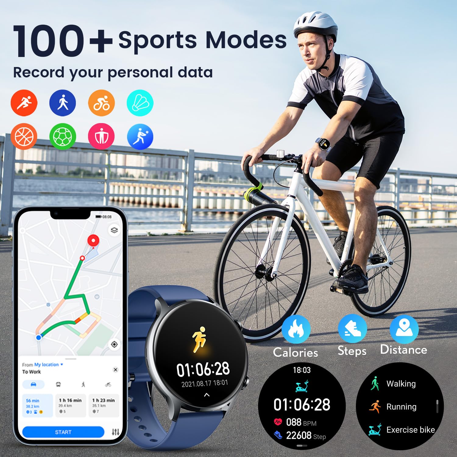 Orologio Smartwatch Uomo Sport con Chiamata: Orologi Smart Watch Bluetooth 5.2 compatibile Android e Ios 1.42" Rotondo Touch Schermo Contapassi Misuratori di Pressione Sanguigna IP67 Impermeabile blu