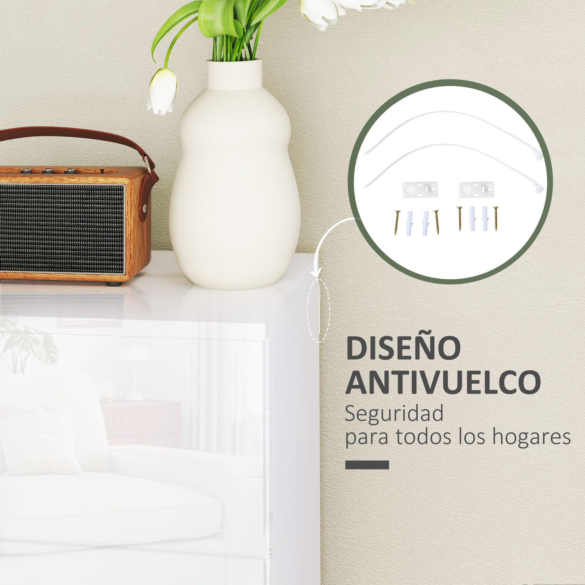 HOMCOM Cómoda con 4 Cajones Cómoda de Dormitorio Moderno con Diseño Anti-vuelco Cajonera para Salón Pasillo 55x33x80 cm Blanco Brillante