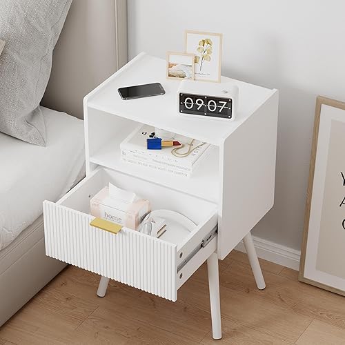 Miniatura 5 de Mesita de noche blanca, moderna mesita de noche con cajón de almacenamiento y estante de madera abierta, para sala de estar, dormitorio y espacios