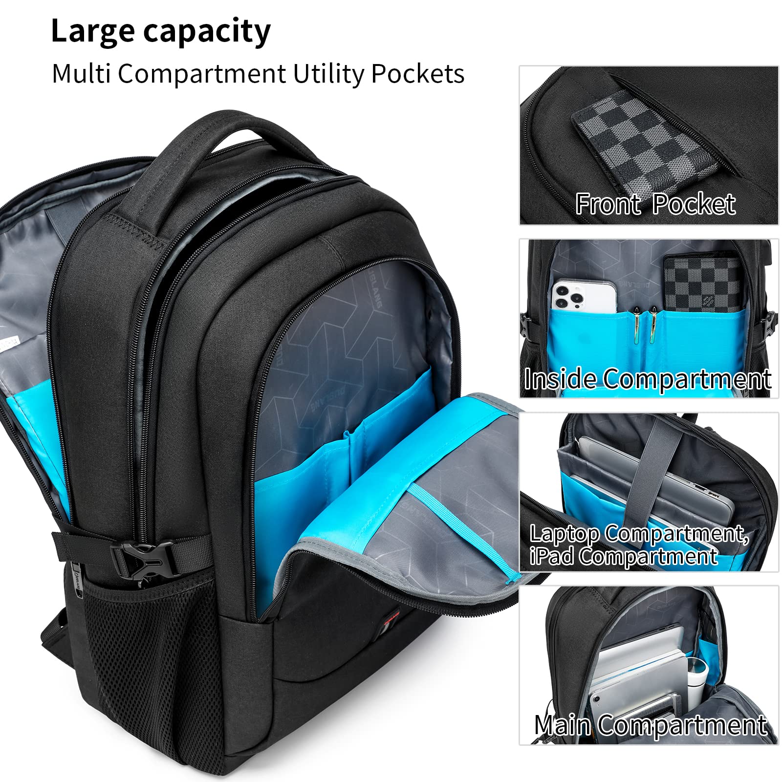 DUSLANG 17 Inch Laptop Backpack for Travel with Backpack Rain Cover College Backpack for Men Laptop Bag with USB Charging Port,Black