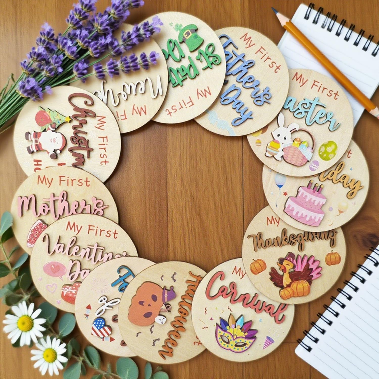 12PCS My First Holiday Baby Milestone Signs, Double-deck Wooden Discs with 3D Design, Newborn Photography Props Announcement Cards for Baby Shower, Christmas Party Favors Gifts