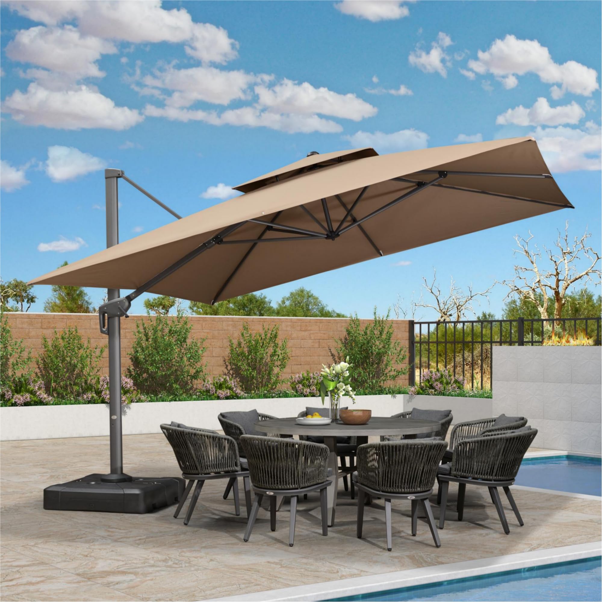PURPLE LEAF Sonnenschirm 365 × 365 cm 6 Neigungsstufen mit Kurbel, Taupe | Leichtgängiger Aluminiumgriff, Ampelschirm 98 % UV-Schutz, 360° Drehbar, Doppeldach-Belüftung, Polyester Wasserabweisend