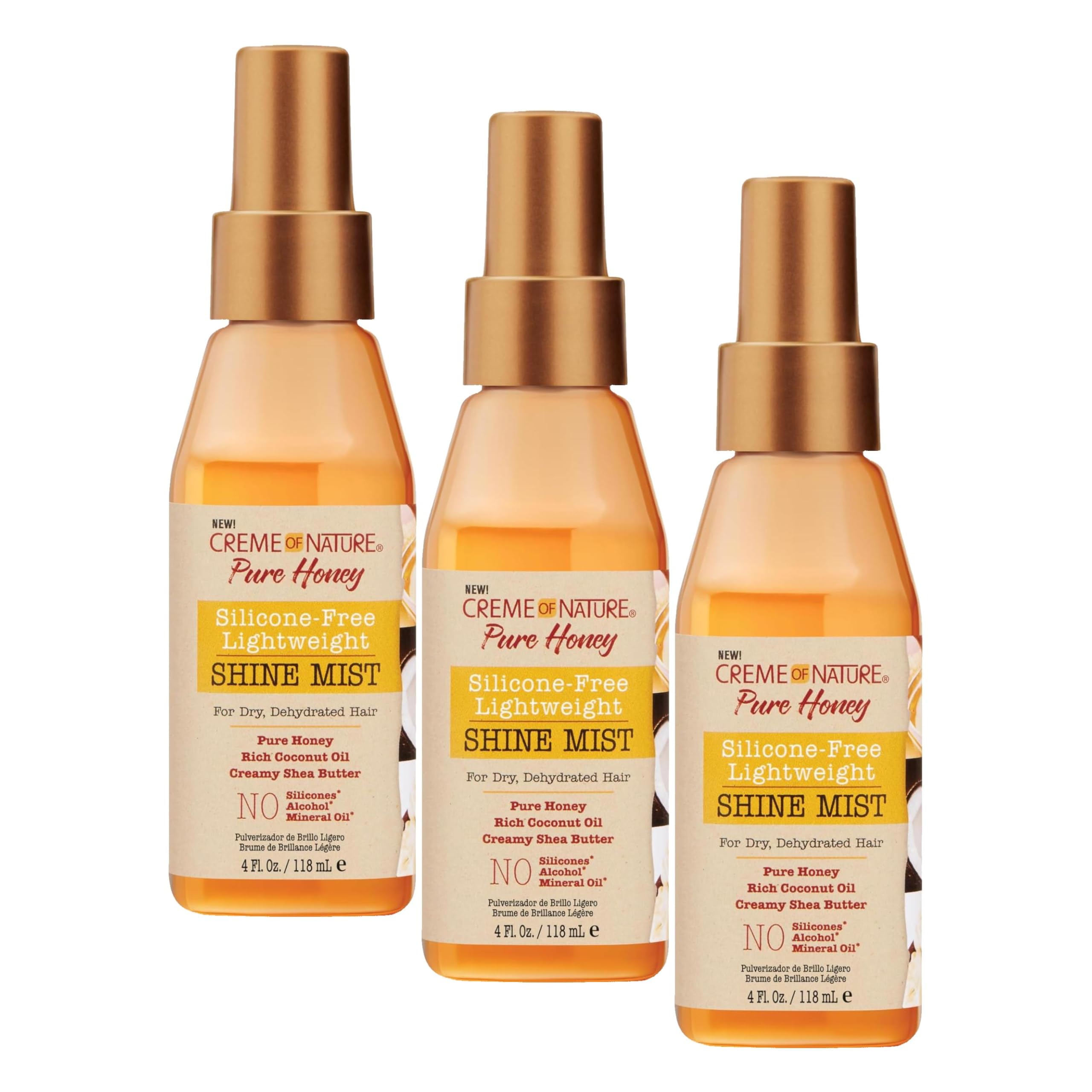 Creme of Nature Pure Honey Silicone-Free Lightweight Shine Mist for Dry, Dehydrated Hair, 4 Fl Oz (Pack of 3)