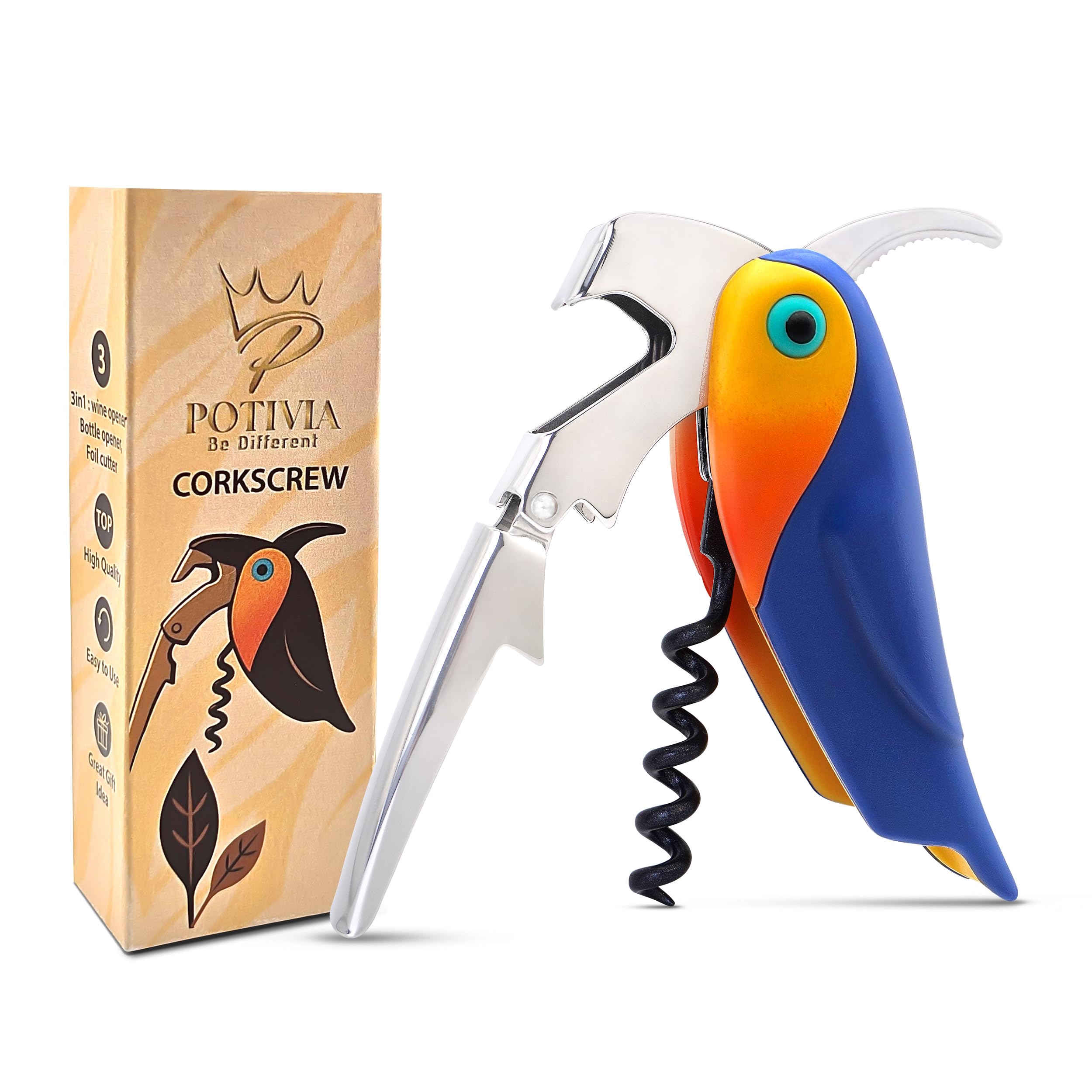 Sacacorchos para camarero, llave de vino profesional para camareros y camareros con cortador de papel de aluminio, abrebotellas manual, doble bisagra, forma de pájaro 3 en 1, ergonómico para