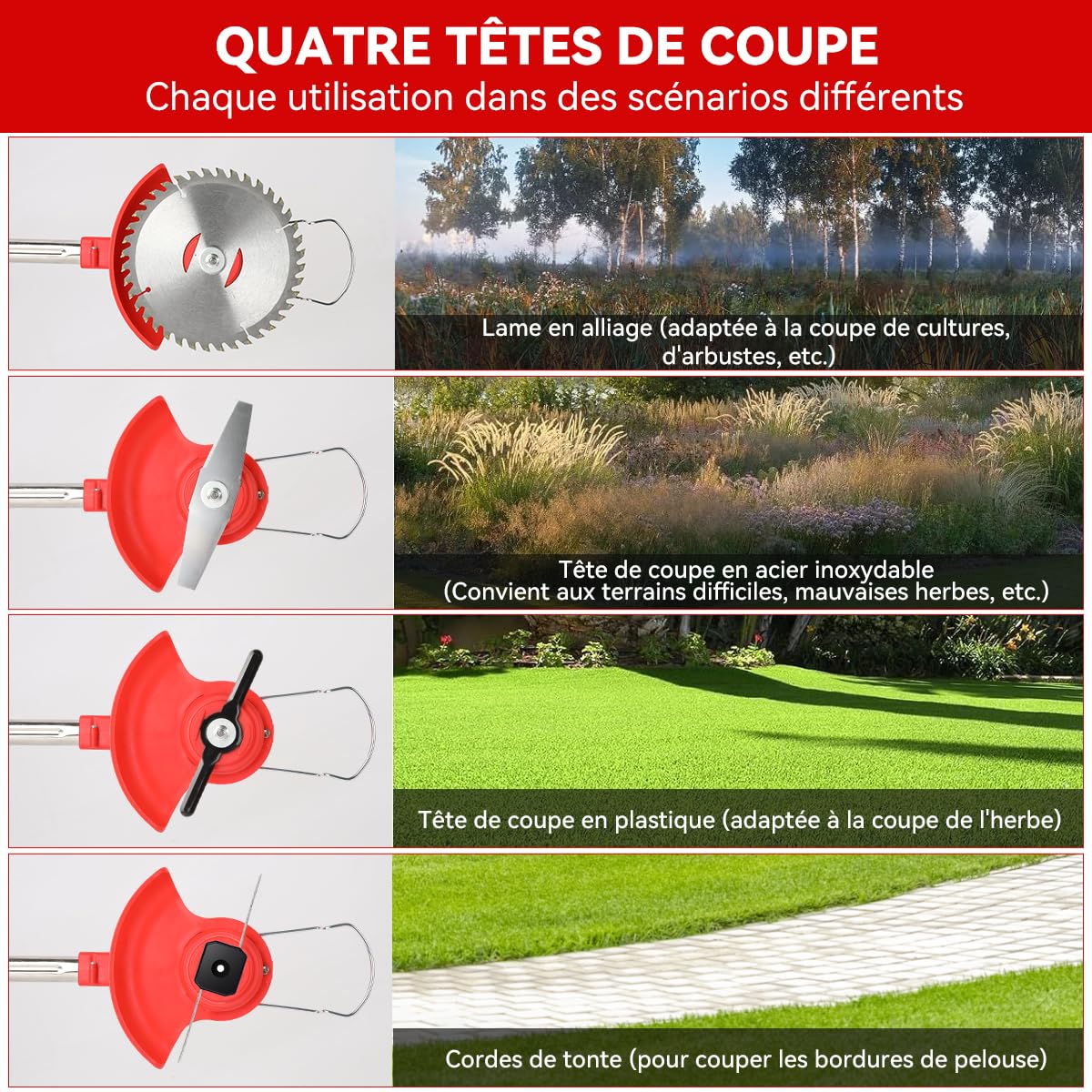 Débroussailleuse à Electrique sans Fil 21V,Coupe Bordure sans Fil avec 2 Batterie 4.0Ah,Debrouissalleuses Batterie avec 4 Types Lames Efficace/Roues pour Tondre Les Pelouses du Jardin Pelouse Ferme