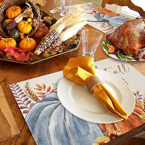 Miniatura 4 de Juego de 4 manteles individuales de otoño, diseño de hojas de calabaza naranja y azul con texto en inglés "Hello Fall", manteles individuales