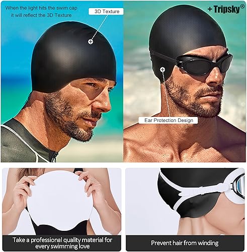 Miniatura 5 de Tripsky Gorro de natación de silicona para cabello largo  Gorro de natación para mujeres, hombres y adolescentes  Gorro de baño con patrón
