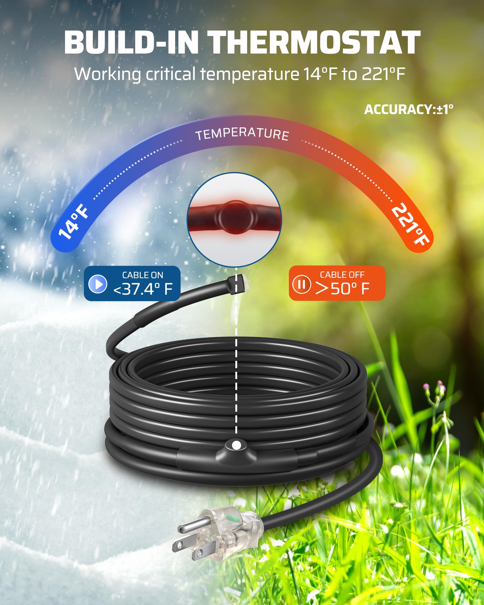 TOPDURE 24ft Heat Tape For Water Pipes – Freeze Protection Cable, Keeps Water Flowing At -40°F, With 3ft Lighted Plug & Thermostat