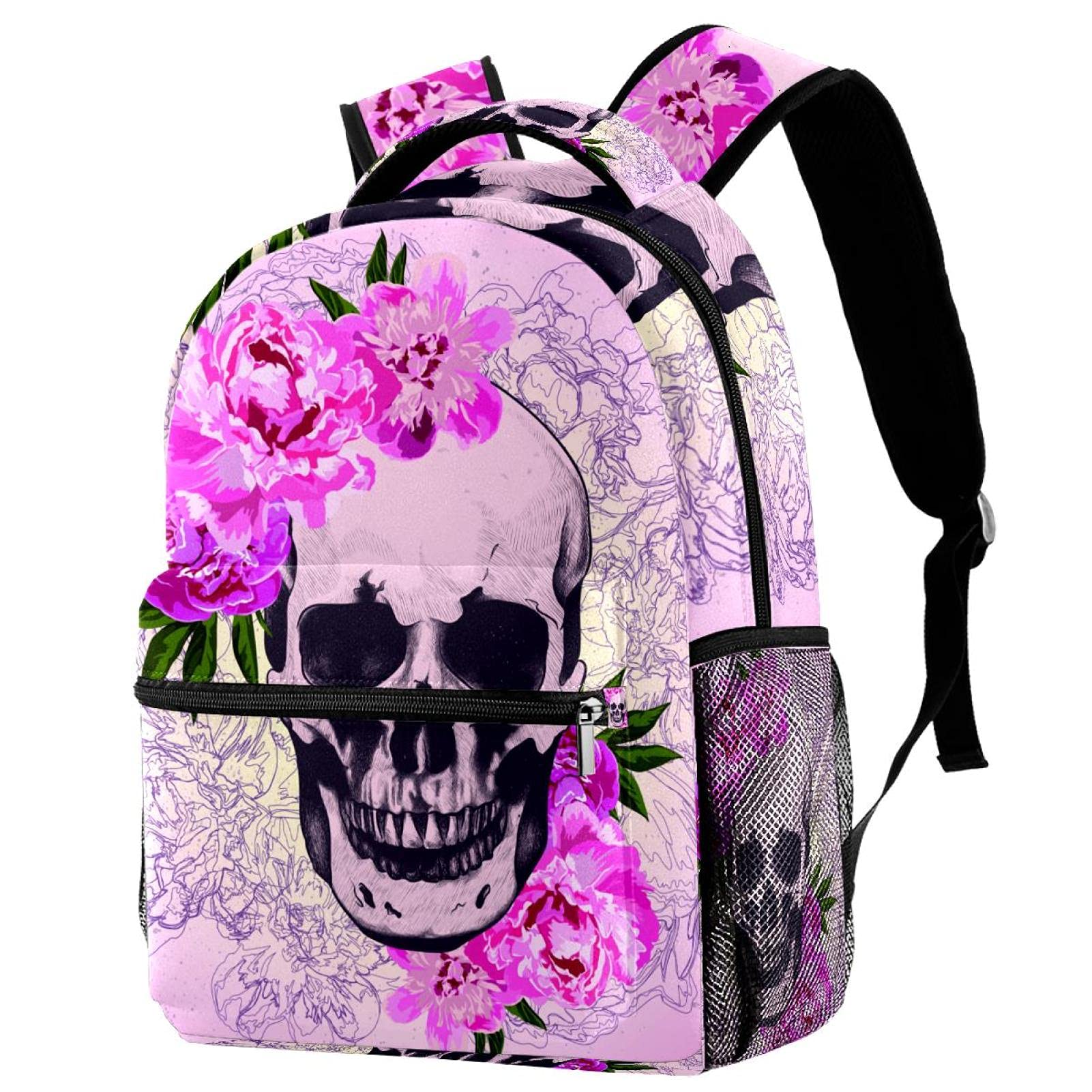 Sac à dos scolaire têtes de mort imprimé floral résistant