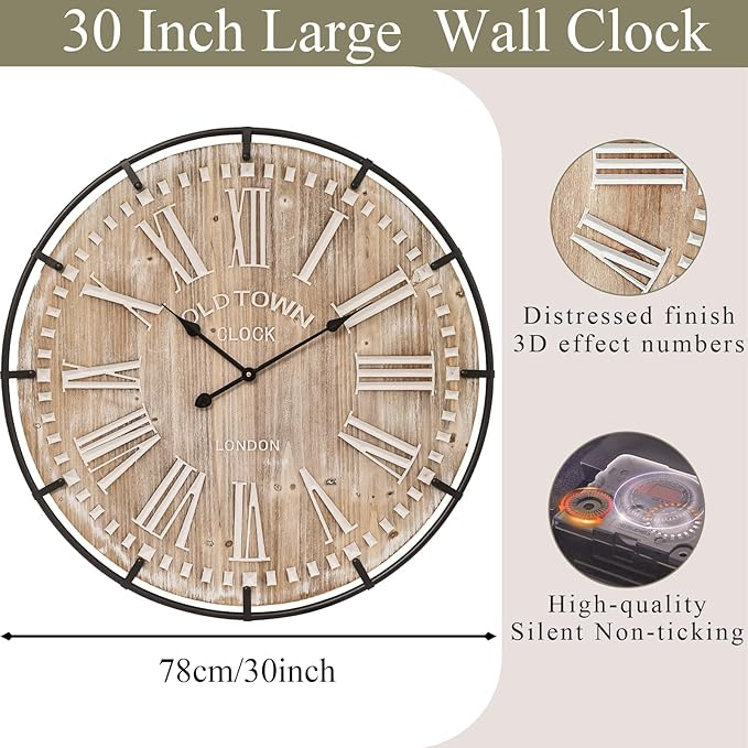 Reloj de Pared Grande 30 Pulgadas EMAX HOME Estilo Granja Madera Metal miniatura 3