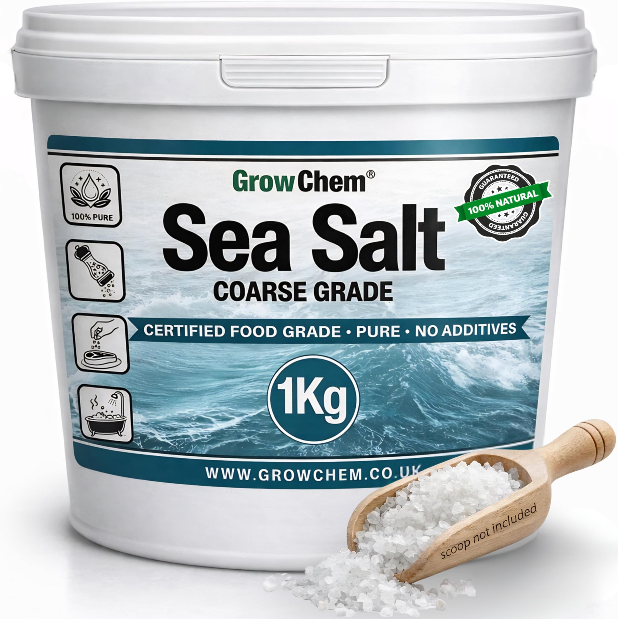 Natural Sea Salt (1Kg Bucket) Pure Coarse Sea Salt Crystals, 100% Natural Salt, Gluten Free, Vegan and Kosher Certified for Cooking, Seasoning, Bath, Beauty and Salt Grinders