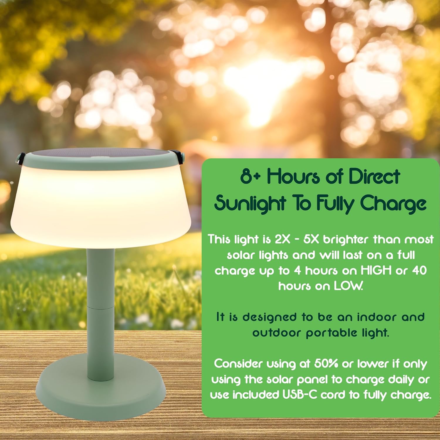 2-in-1 Portable Solar Power LED Table Lamp & Lantern - Indoor/Outdoor - Stepless Dimming - Rechargeable Battery - 330 lumens, 2700K - IP44 Weather Resistant - Green