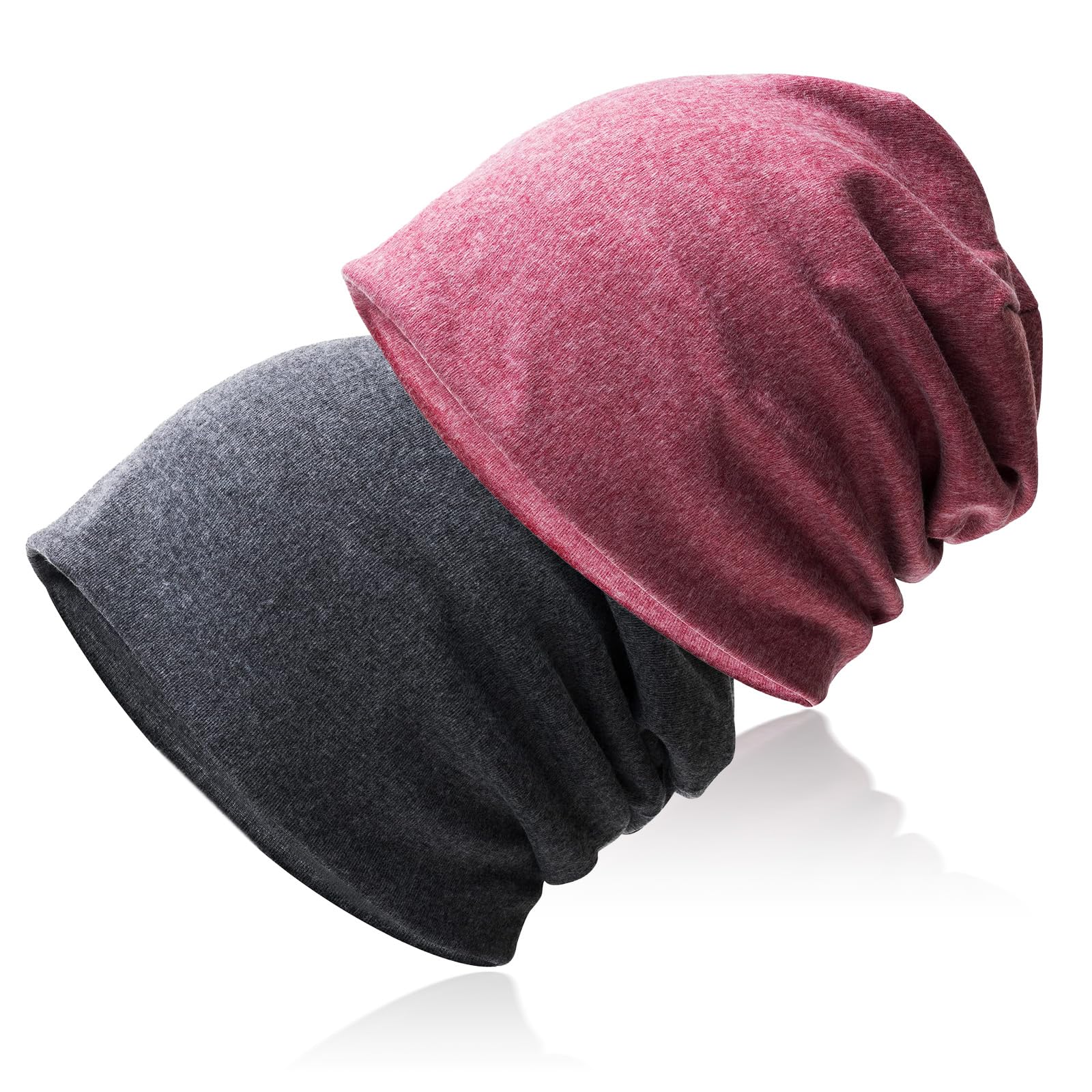 Hurinan Slouch Beanie Hat,Soft Baggy Beanie Hat and Cotton Jersey Skull Cap Winter Unisex Headwear for Men Women (Rose red+Grey)