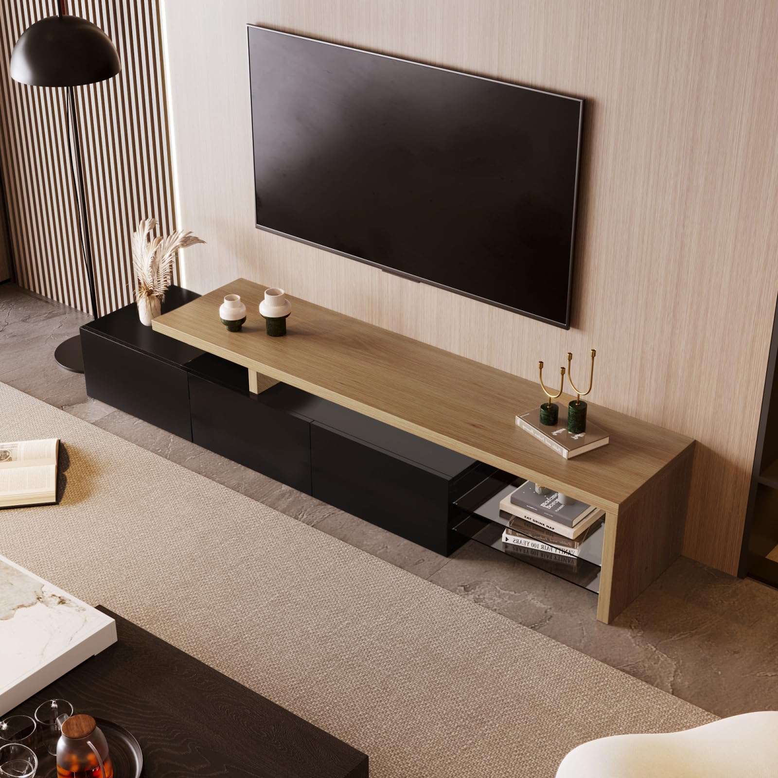 Mueble de TV LED con 3 cajones, mueble extensible para TV moderno con cajones, armario de TV con almacenamiento abierto, marco de madera, mesa de TV para salón dormitorio (negro-2, 200x39x42)