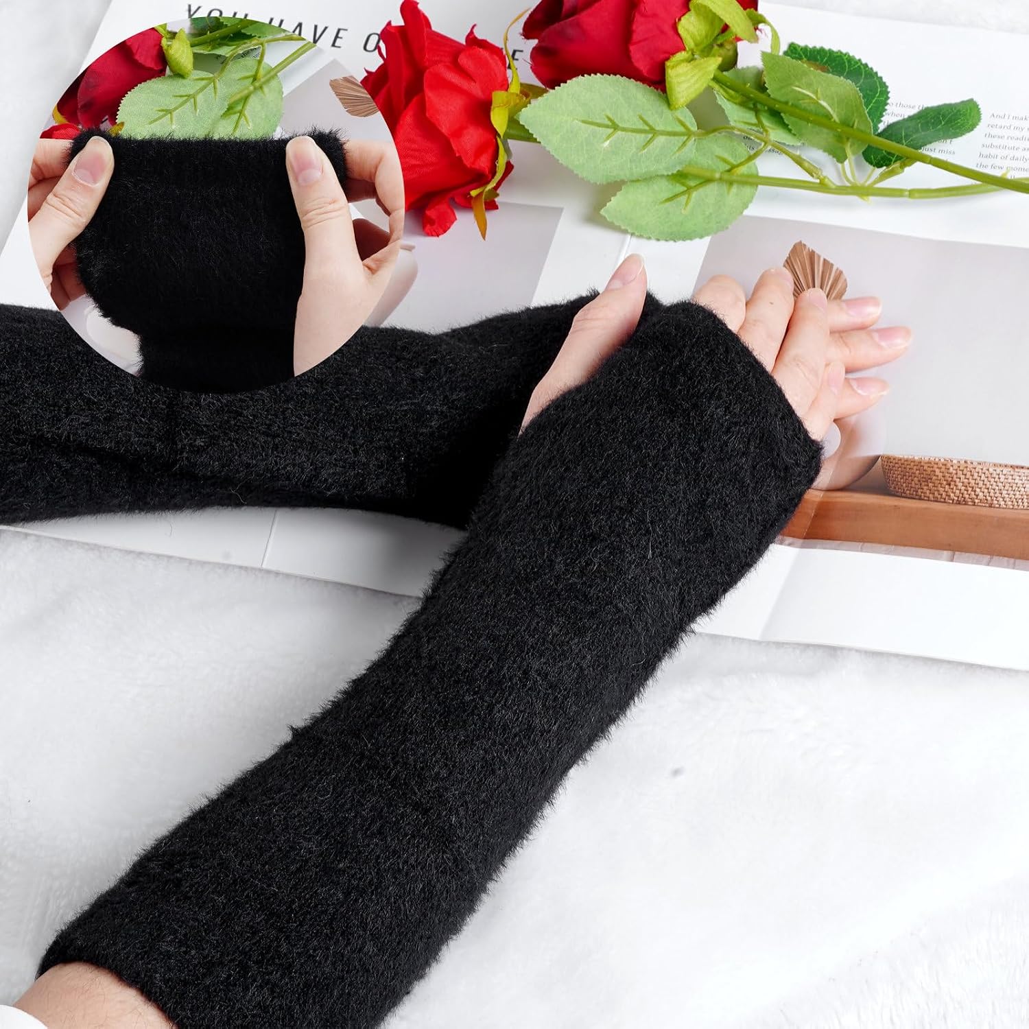 Yolyoo Winter Arm Warmers Women Kawaii Fuzzy Fingerless Gloves Y2k Fluffy Arm Warmers with Thumb Hole for Winter Accessories image 2