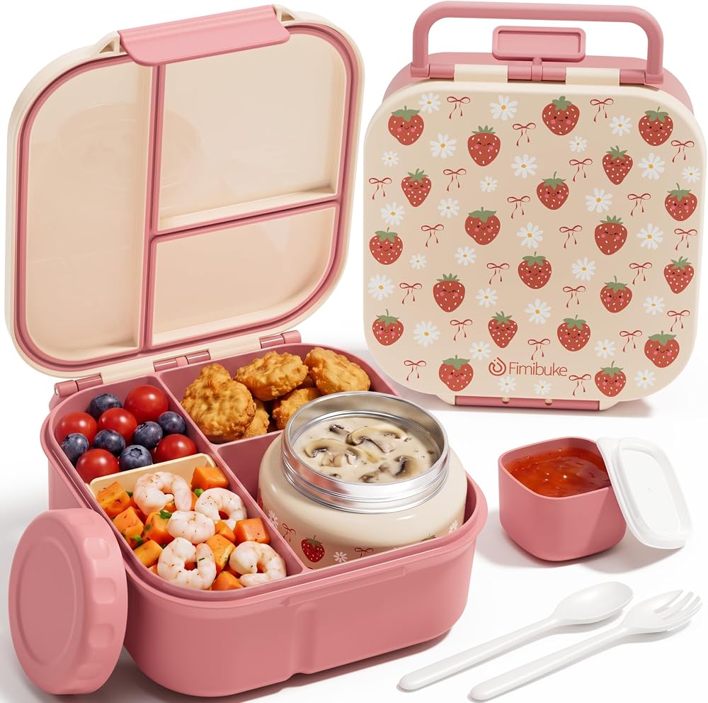 Fimibuke Bento Box for Kids, Toddler Lunch Box with 8.5oz Thermo Food Jar | Leak Proof 3-4 Compartment 60oz Lunch Food Container with Utensils Sauce Cup for School Boys Girls, Dishwasher Safe, BPA-Free