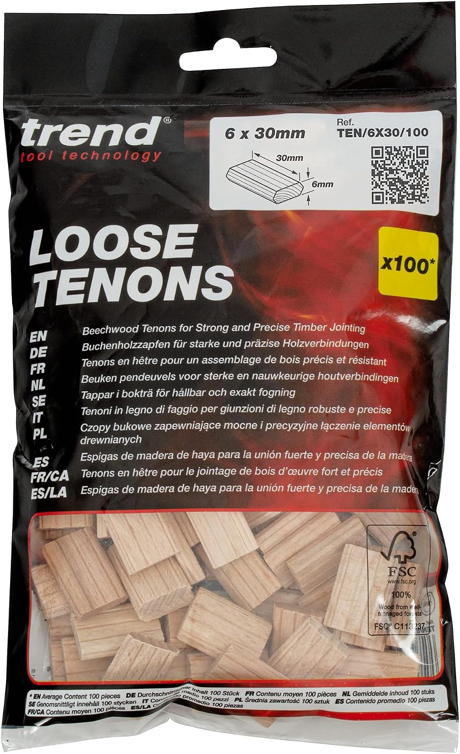 Trend 100pcs Beech Wood Dominos 6 x 30mm for Festool Domino Machine, 1/4 Inch x 1 3/16 Inches Loose Tenons for Woodworking Joinery and Furniture Framing, TEN/6X30/100