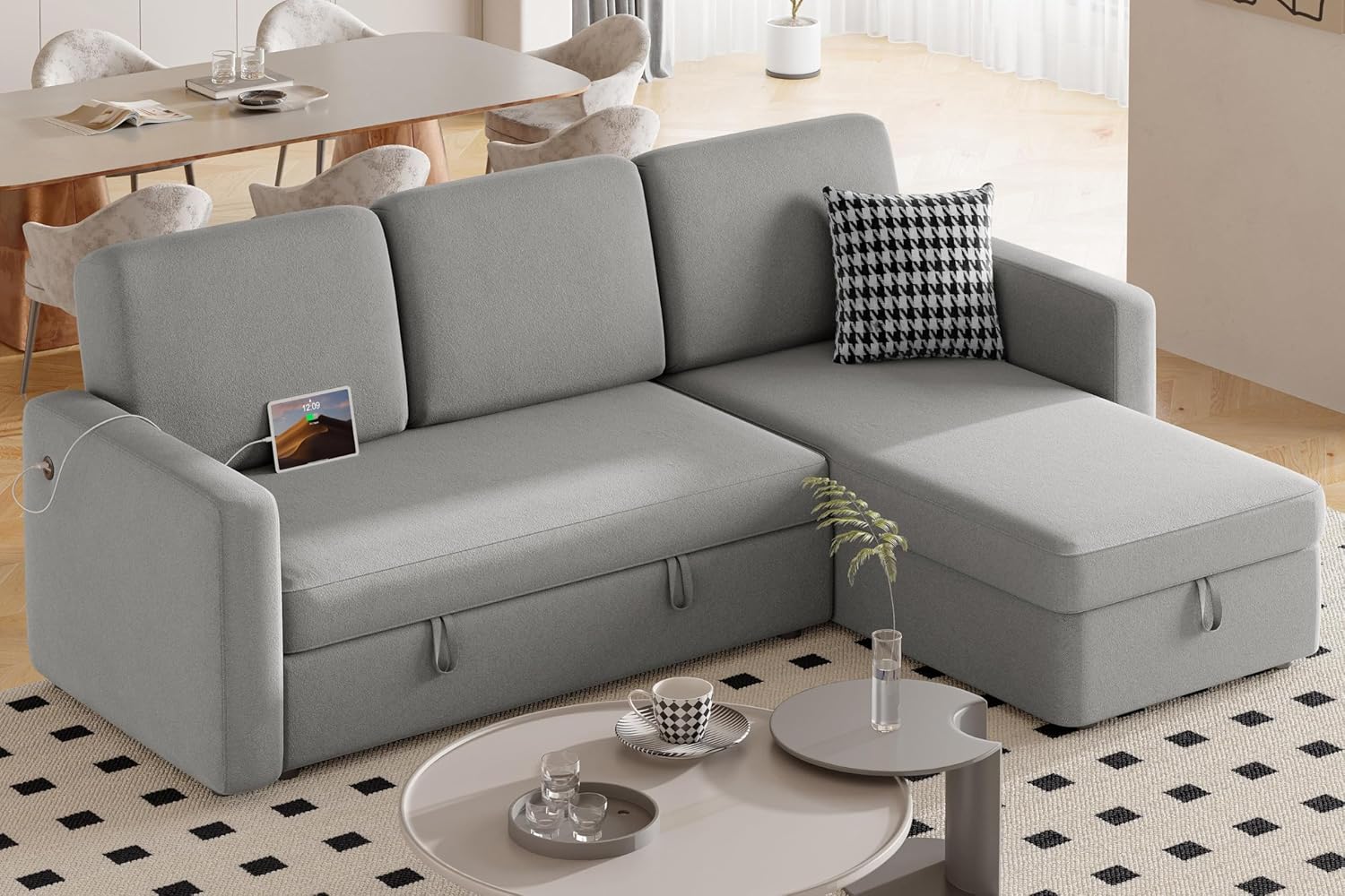 Yaheetech Sectional Sofa L-Shaped Sofa Couch Bed w/Chaise & USB, Reversible Couch Sleeper w/Pull Out Bed & Storage Space, 4-seat Fabric Convertible Sofa, Pull Out Couch Light Gray