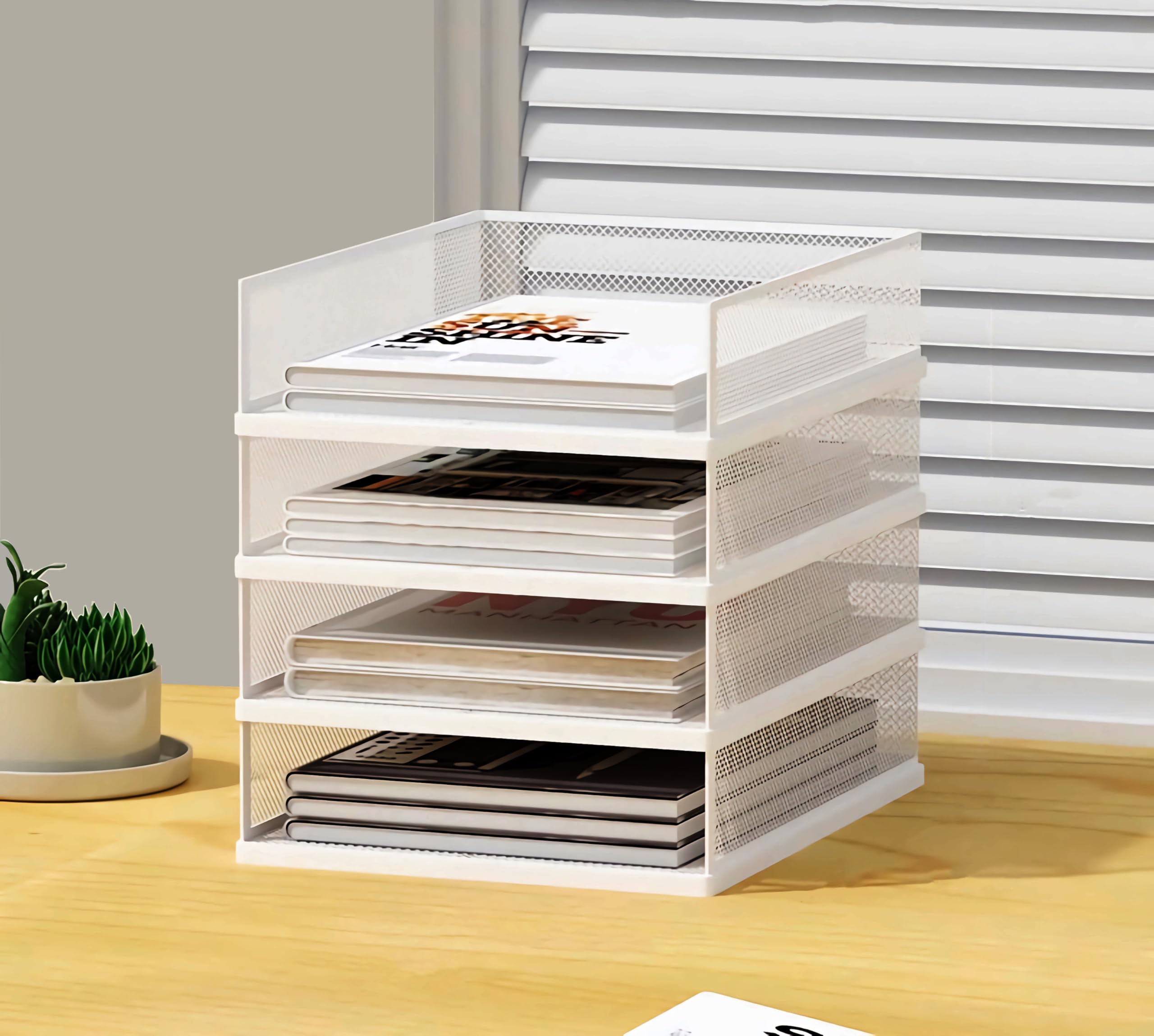 A3 Stackable Paper Letter Tray Organizer, 2/3/4 Tier, Metal Mesh File Folder Organizer for Desk with File Holder for Home Office Supplies, Black,White (A3,White,Vertical, 4 Tier)
