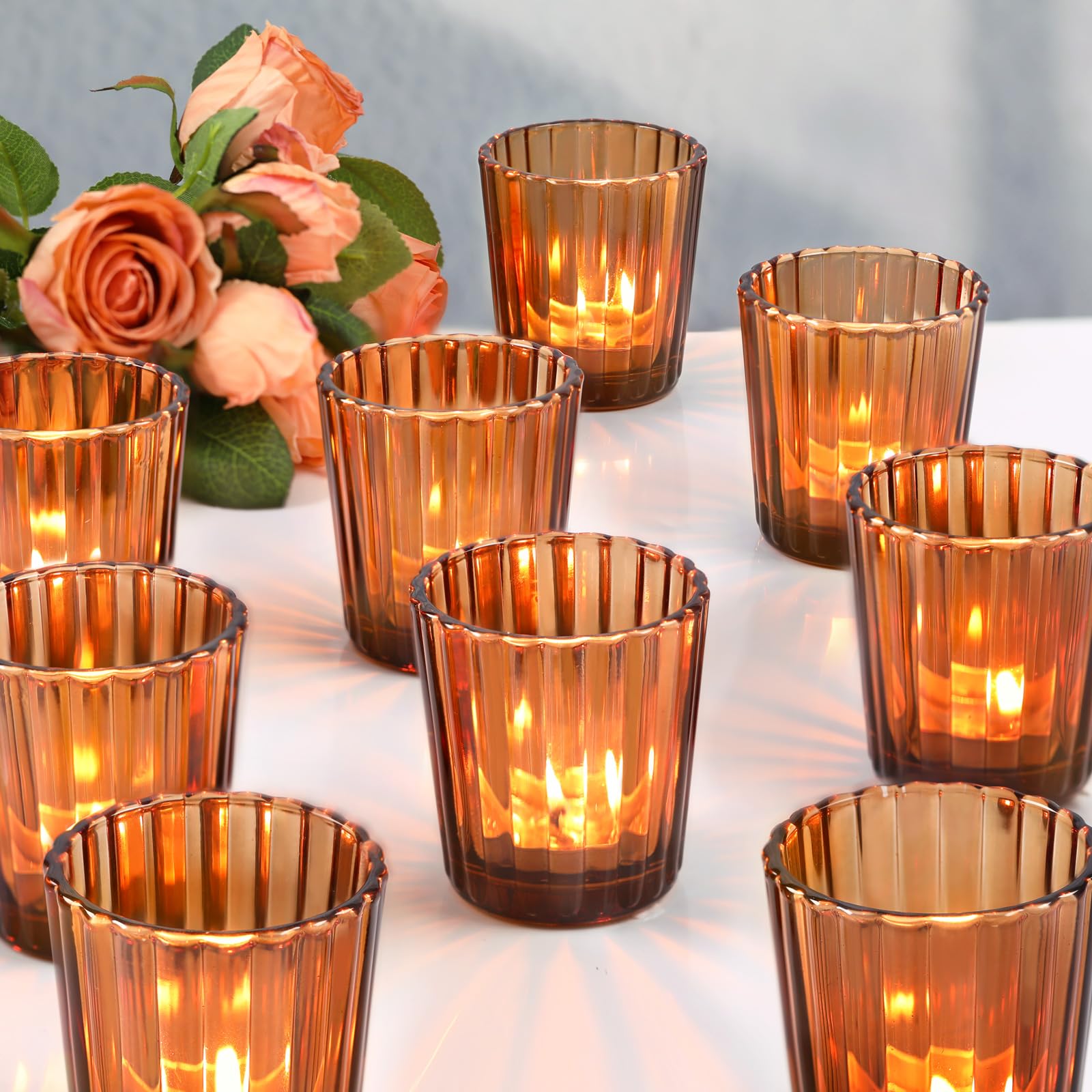 NITIME Lot de 24 bougeoirs votifs vintage nervurés ambrés pour tables, bougeoirs pour Thanksgiving, décoration de mariage, décoration d'intérieur bohème et décoration de Noël