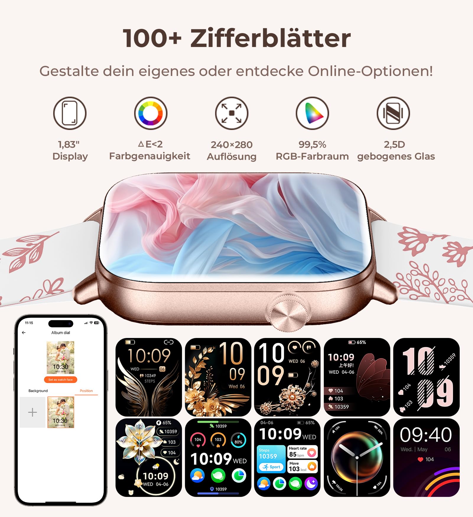 Iaret Smartwatch Damen, 4 Armbänder + 2 Charms, 1,83" HD Touchscreen Armbanduhr, Bluetooth Anrufe, 100+ Sportmodi Fitness Tracker, Schrittzähler/SpO2/Schlaf/Menstruation, iOS/Android, Weiß