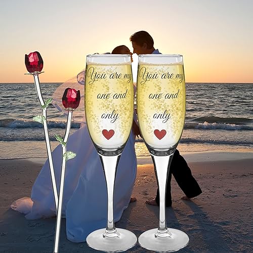 Miniatura 6 de BANBERRY DESIGNS Copas de champán - Copas con rosas de cristal rojo - Juego de 2 flautas con 2 rosas - Boda - Aniversario - Cumpleaños - Navidad -