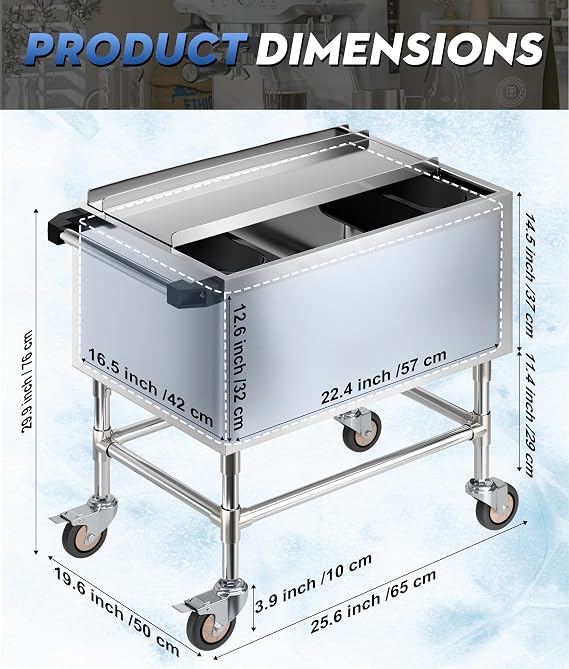 80Qt Rolling Ice Chest Cooler Cart, Stainless Steel Outdoor Cooling Bin with Wheels & Brake, 24H Ice Retention Heavy Duty Bar Cart with Sliding Lid and Cup Holders for Party, Camping 3a3