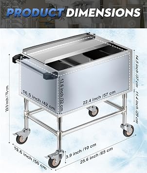 80Qt Rolling Ice Chest Cooler Cart, Stainless Steel Outdoor Cooling Bin with Wheels & Brake, 24H Ice Retention Heavy Duty Bar Cart with Sliding Lid and Cup Holders for Party, Camping 3a3