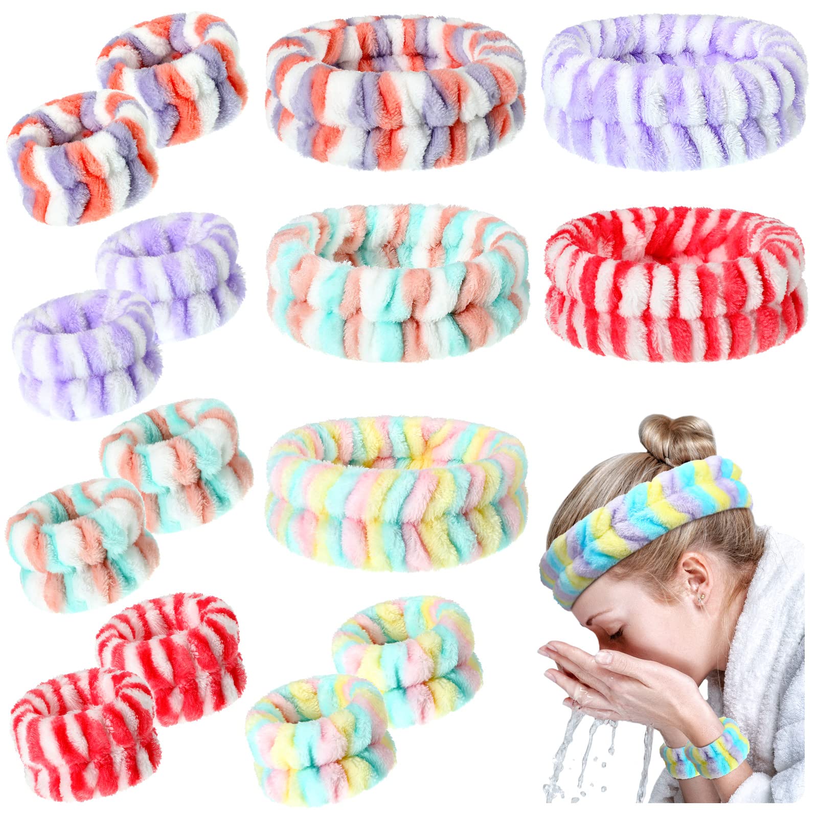 Photo 1 of 18 Pack Reusable Spa Facial Headband Matching Wristbands Set Include 6 Soft Microfiber Headband for Girls Makeup Skincare Hair Wrap, 12 Spa Wristband for Women Teen Shower Bath Spa Yoga Sports