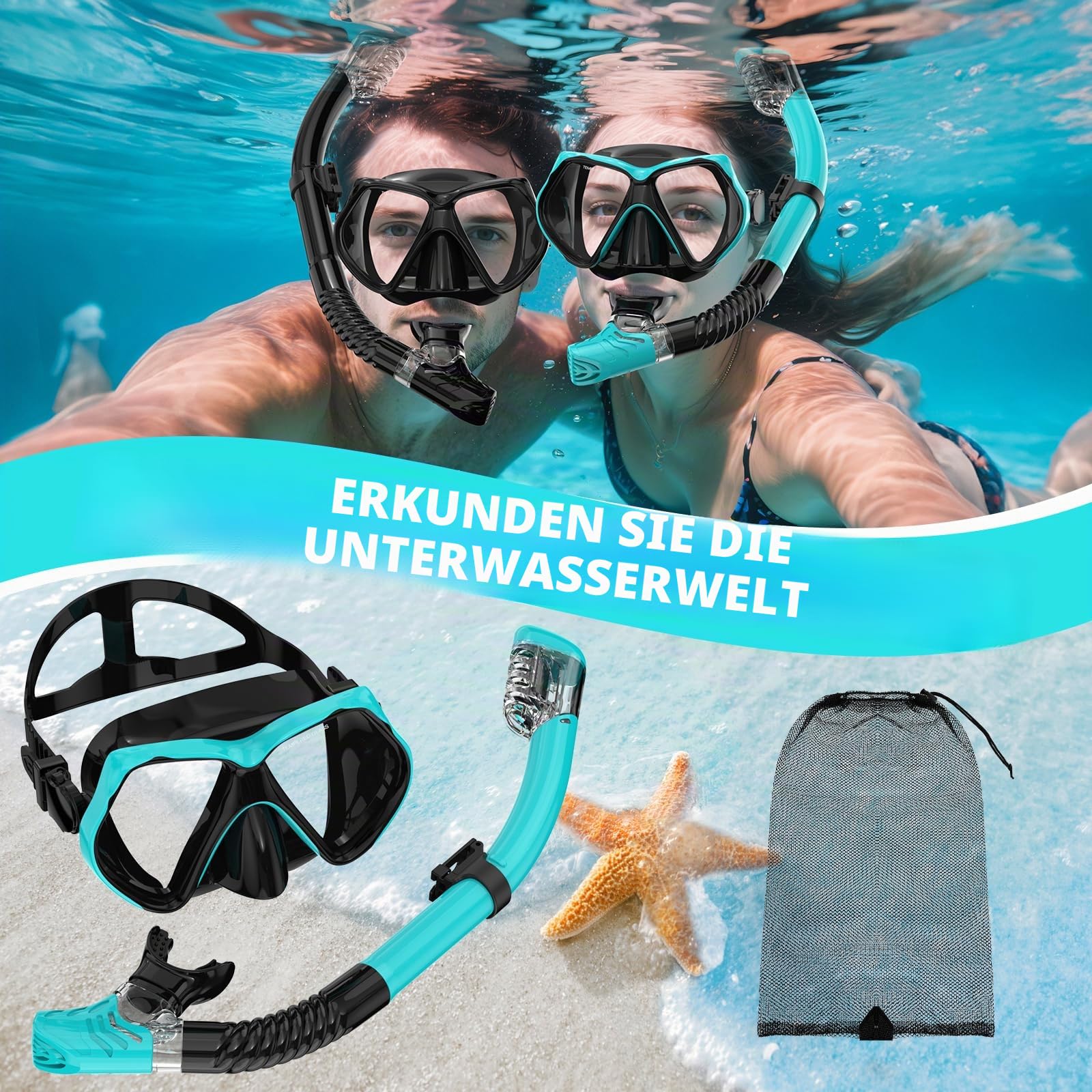 Schnorchelausrüstung für Erwachsene, Schnorchel-Set, Tauchmaske, Dry-Top, Erwachsenen-Schwimmbrille mit Nasenabdeckung, HD-gehärtetes Glas, Panorama-Anti-Leck, Anti-Beschlag, Reise-Schnorchelpakete