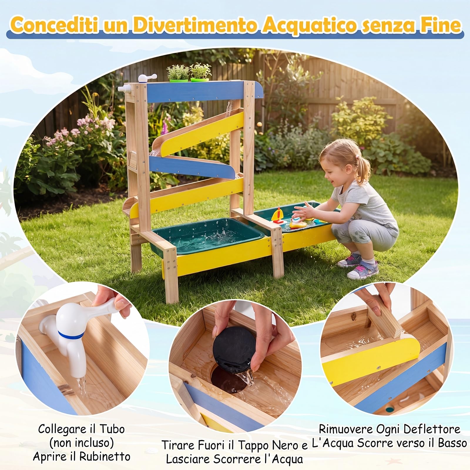 COSTWAY Tavolo Sabbia e Acqua in Legno, per Bambini 3+ Anni | Tavolo Gioco Acqua con 2 Vasche per l'Acqua, 2 Vasi per Piante, Barchette, Rubinetto e Sottomarino Giocattolo, 92x35x79,5 cm