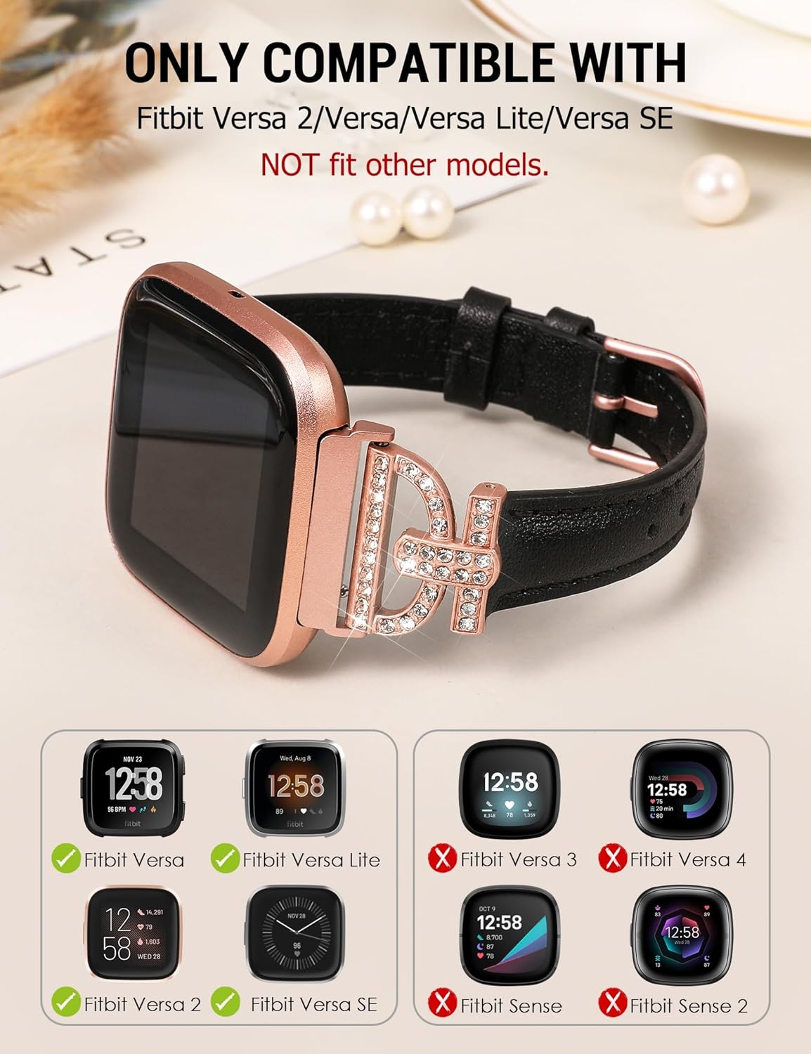 Minyee Leather Bands Compatible with Fitbit Versa 2/Fitbit Versa/Versa Lite Band Women, Dressy Slim Thin Leather Strap with D-Shaped Diamonds Metal Buckle Luxury Bracelet for Versa 2 Smart Watch