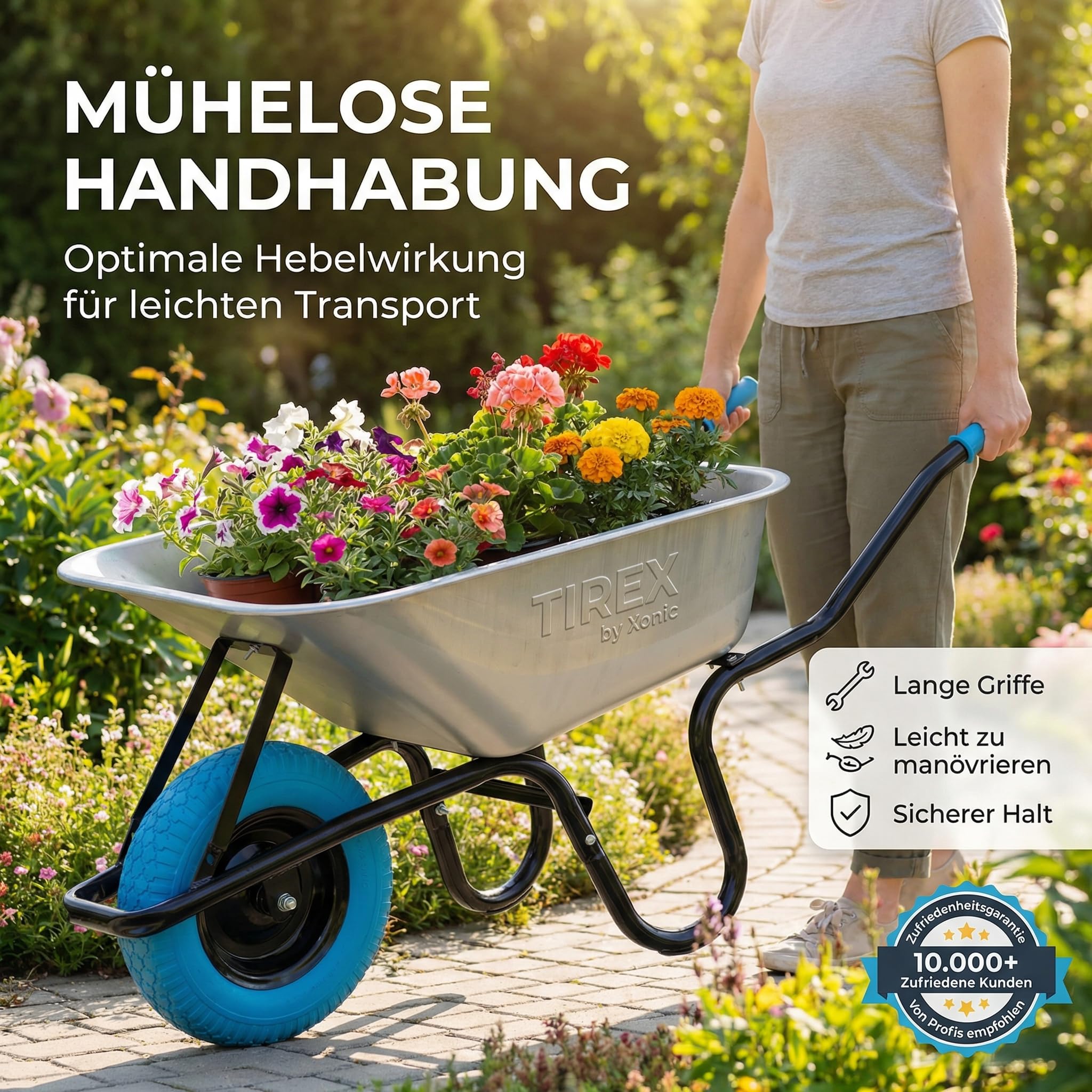 TIREX by xonic® Schubkarre mit Stahlfelge – Verzinkte Wanne bis 250kg/ 100l - Robuste Ausführung für Garten und Blau – Schieb-Karre mit PU Vollgummi-Rad - Blau- Silber
