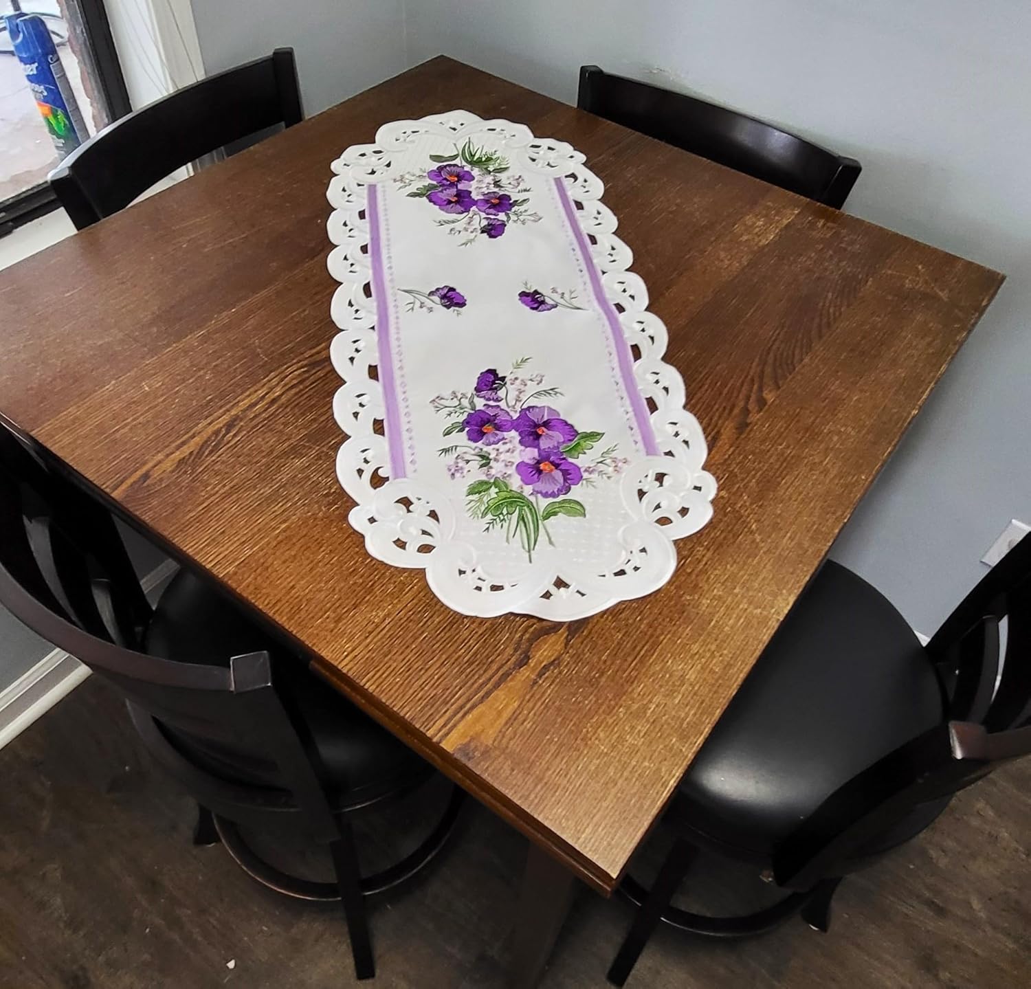 Table Runner with a Purple Pansy on Bleached White Material, Size 34 x 15 inches