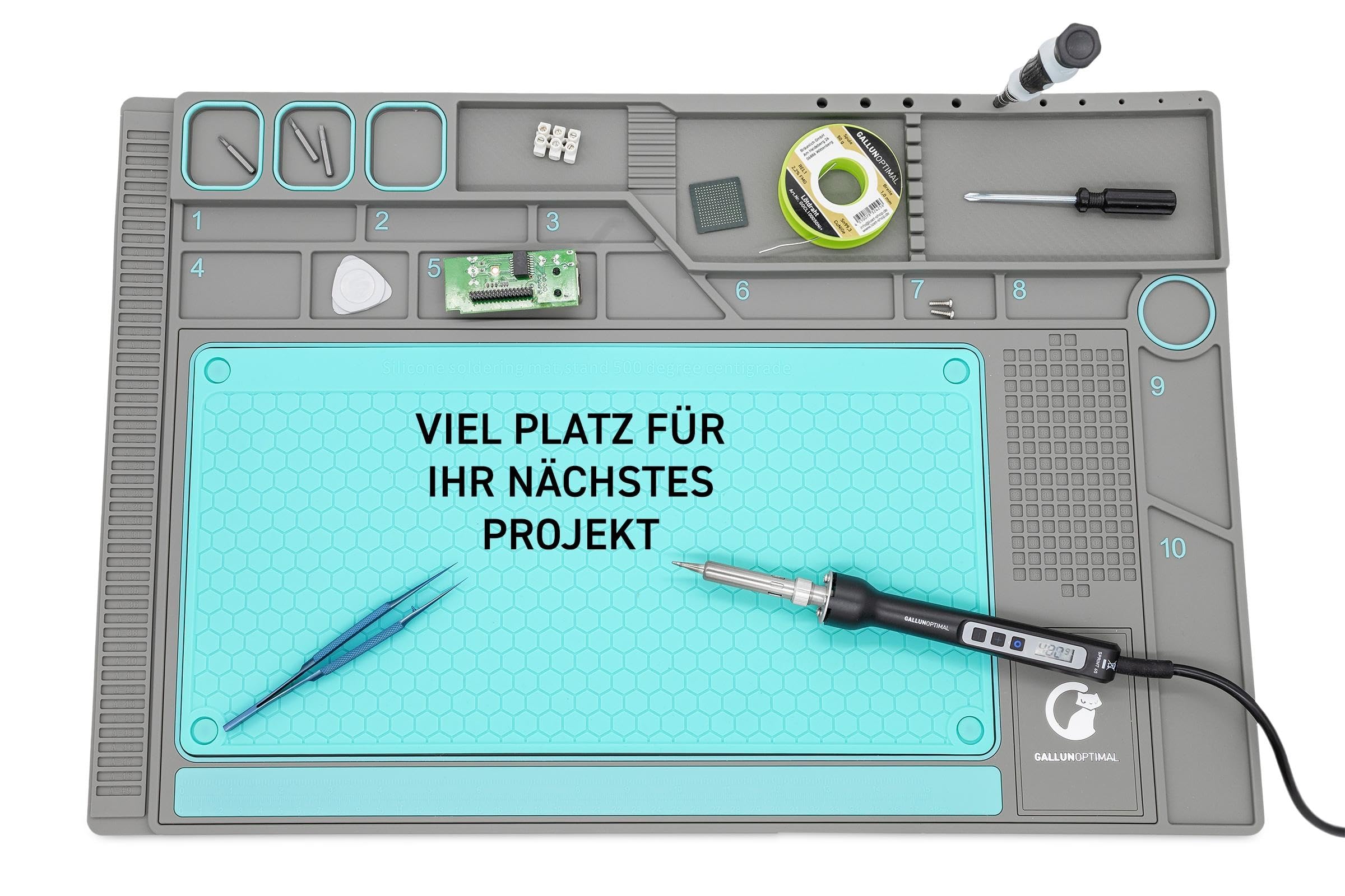 ESD-Arbeitsunterlage und Lötmatte Größe L 57 x 38 cm, Soft-PVC/Gummi mit abnehmbarer Silikoneinlage bis 500°C, Bauteil- und Werkzeugorganizer, 3 magnetische Bereiche