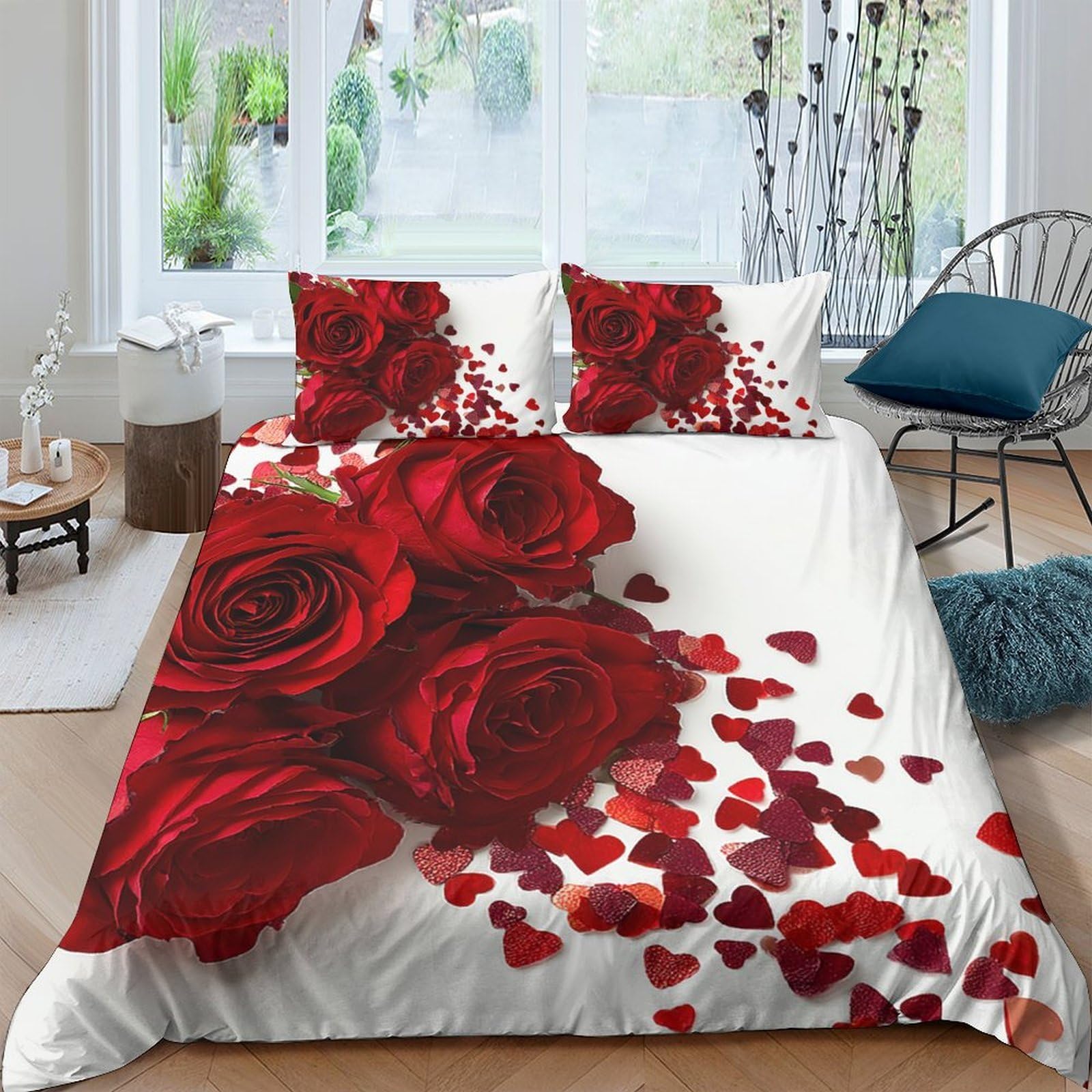 Ctjqhvkz Style-4 3D Printed Red Rose Fitted Sheet Microfiber Bedding Romantic Heart Petals Mattress Cover For Bedroom Decor Single（135X200cm）