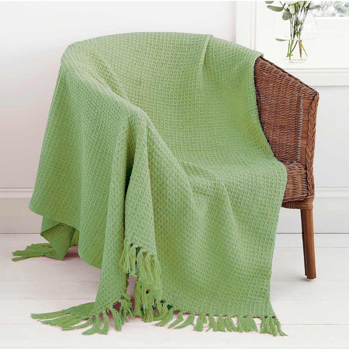 Mehar Bedding 100% Cotton Woven Honeycomb Plain Waffle Textured Chair Sofa Setee Bed Throw Tasselled Edge (Sage green, Single (178cms x 254cms)) — image 1