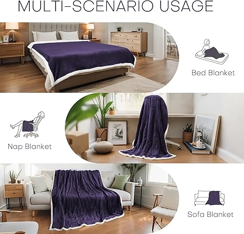 Miniatura 4 de Manta térmica eléctrica tamaño matrimonial de 72 x 84 pulgadas, tela de franela y sherpa de doble cara, 6 ajustes de calor y 1-10 horas de apagado