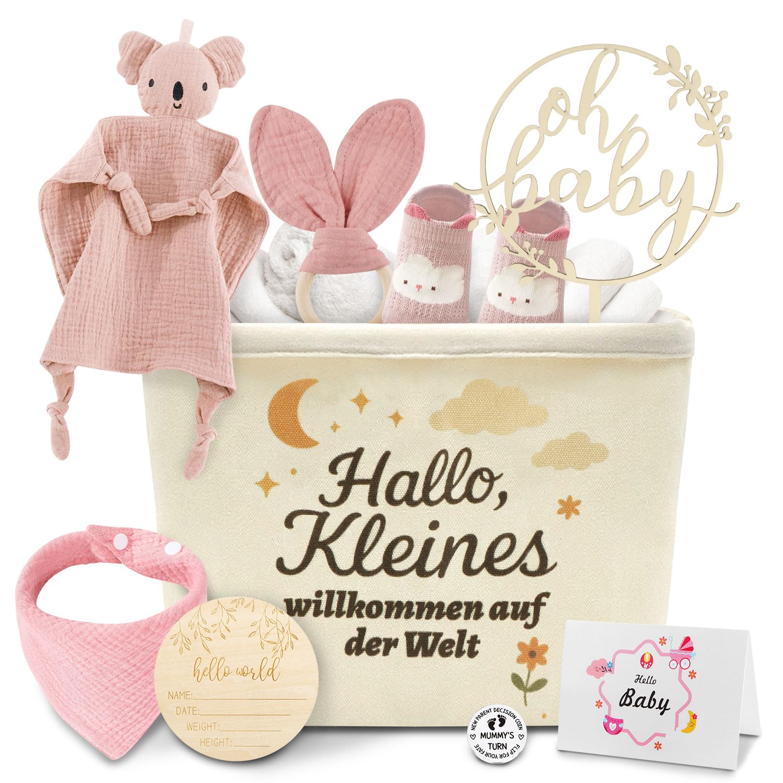 Baby Geschenk Junge & Mädchen Neugeborenen Set Babyparty Geburt Geschenkset Babygeschenke inkl. Koala Schnuffeltuch, Holz Meilensteinkarten, Socken, Lätzchen, Holzschild & Geschenkkarte - Rosa