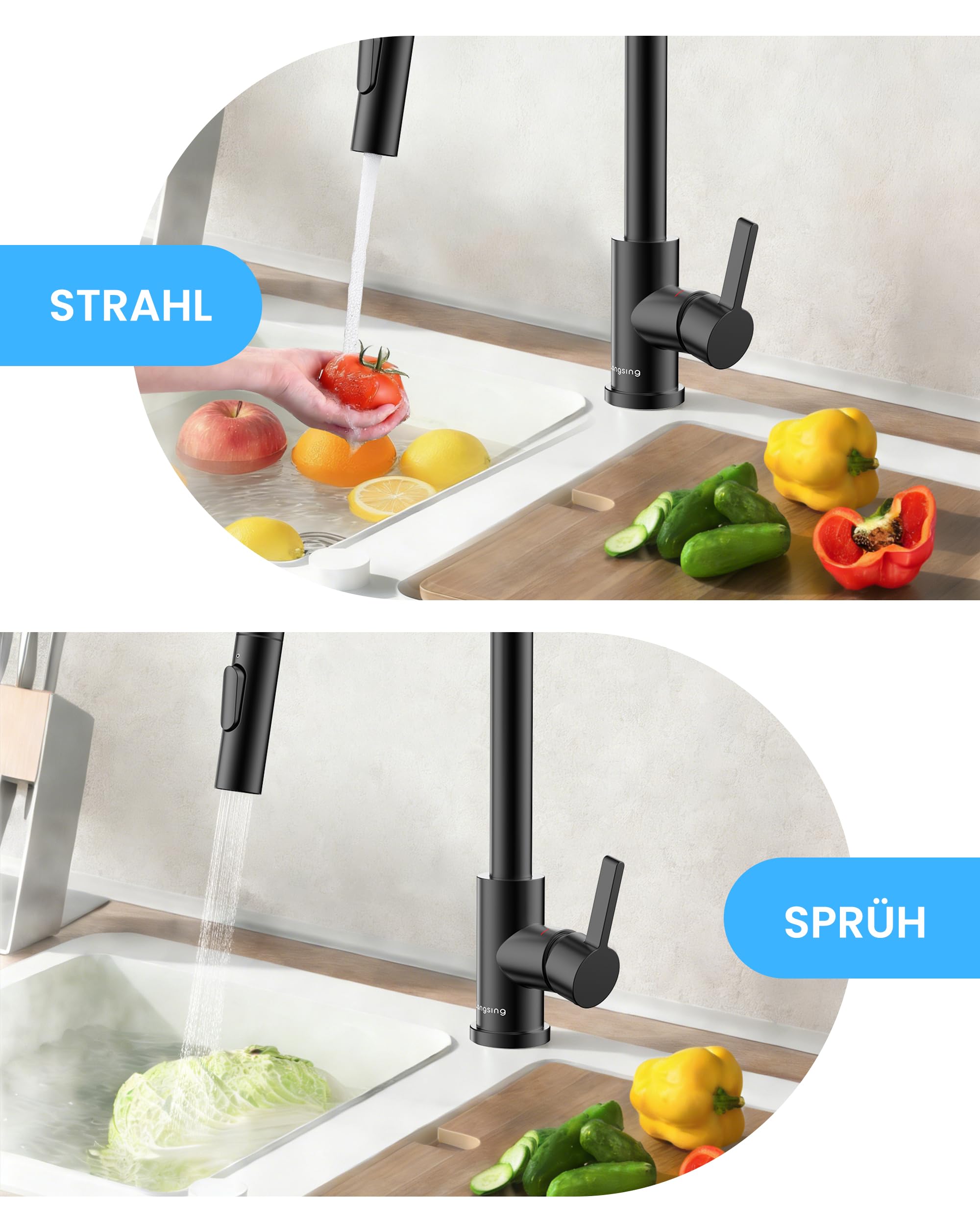 Wasserhahn Küche Schwarz, Hochdruck Küchenarmatur mit Brause | 304 Edelstahl Küchenarmatur Ausziehbar, Armatur 2 Strahlarten, Spültischarmatur Küche, 360° Schwenkbar, DVGW-Zertifiziert