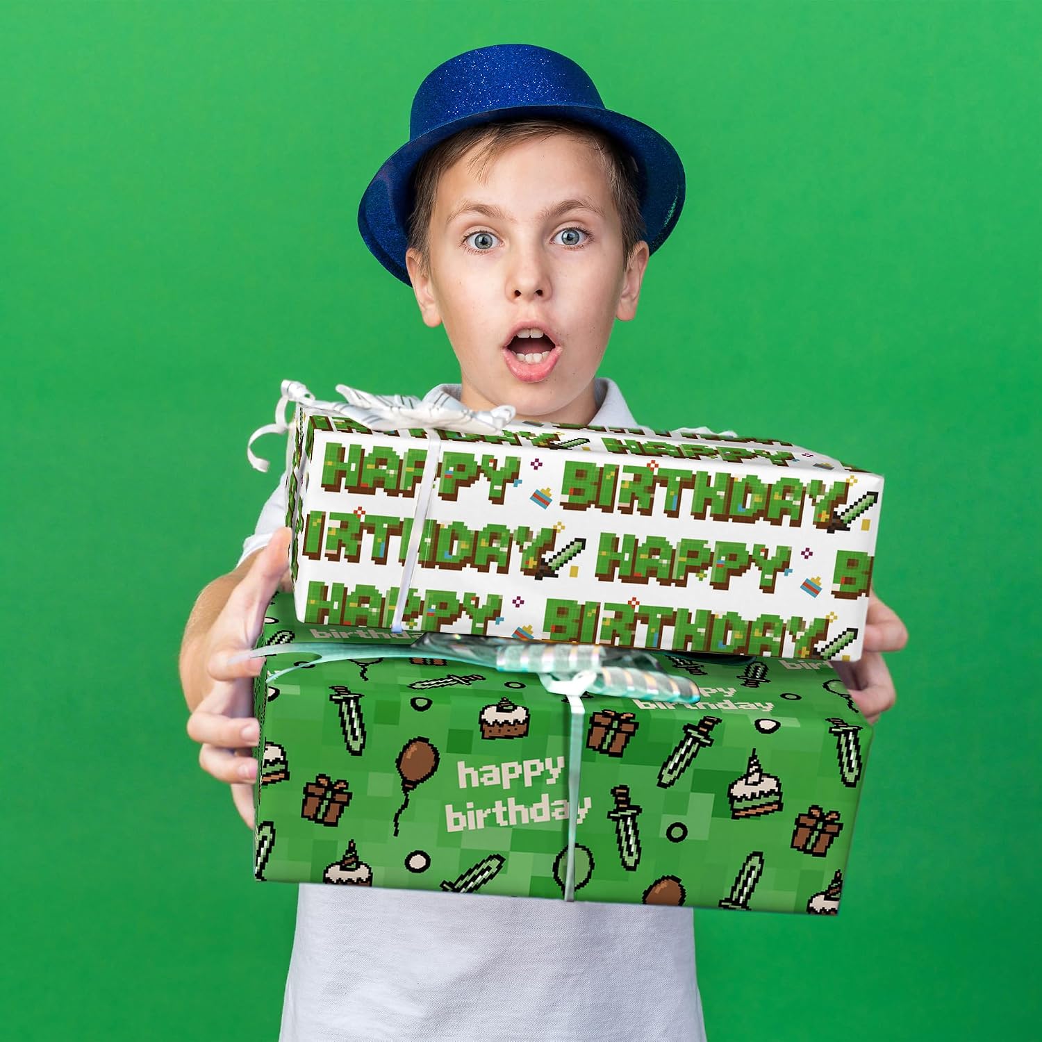 WRAPLULU Pixel Style Birthday Wrapping Paper - 4 Jumbo Sheets, 28 * 40 Inches - Retro Video Gaming Gift Wrap, Perfect for Birthday Christmas