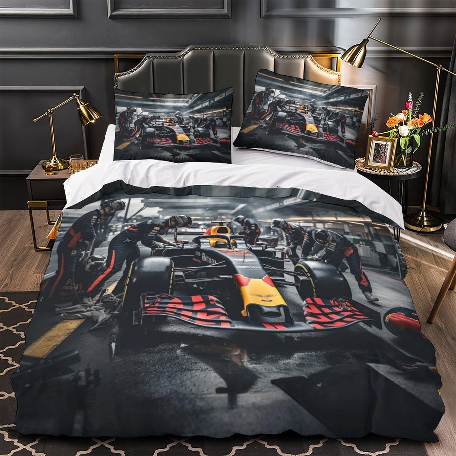 DAFUfbw Luxe Formulaa Racing Duvet Cover Set With Hidden Zipper, Super King（260x220cm） Pit Stop Quilt Cover Set with Pillowcases Bedding Set Soft Microfiber